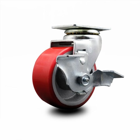 Service Caster 4 Inch Red Poly on Cast Iron Swivel Caster with Ball Bearing and Brake SCC SCC-20S420-PUB-RS-TLB